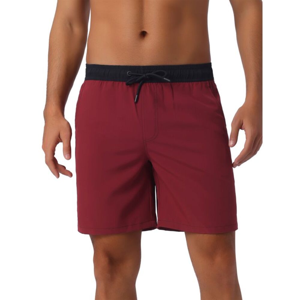Contrast Color Elastic Waist Lining Surfing Drawstring Swimming Shorts Red